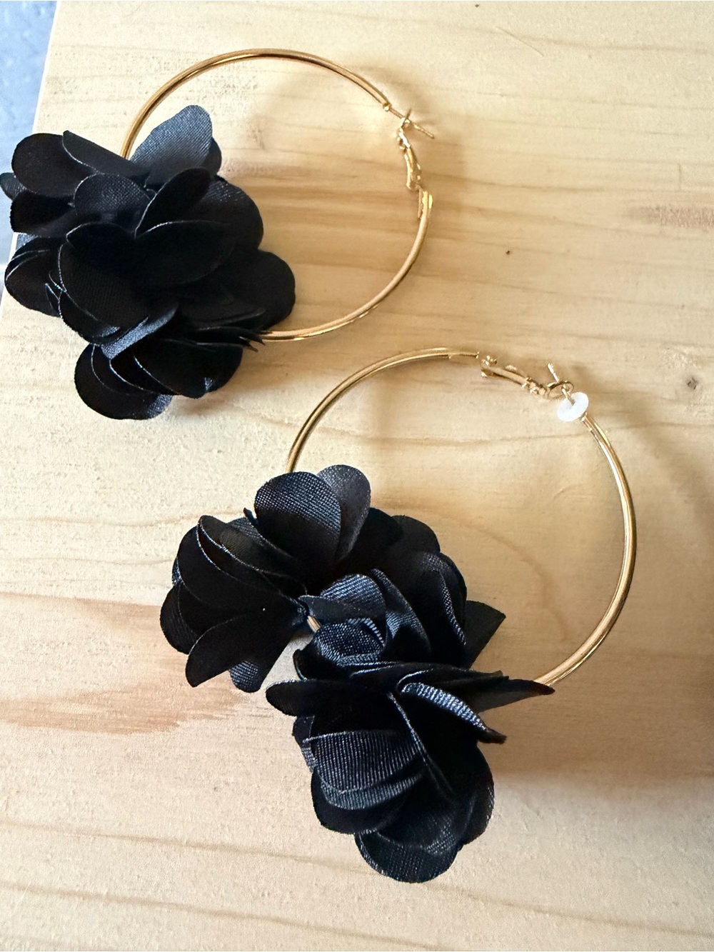 Gold Hoop Earrings with Black Fabric Flower Charms